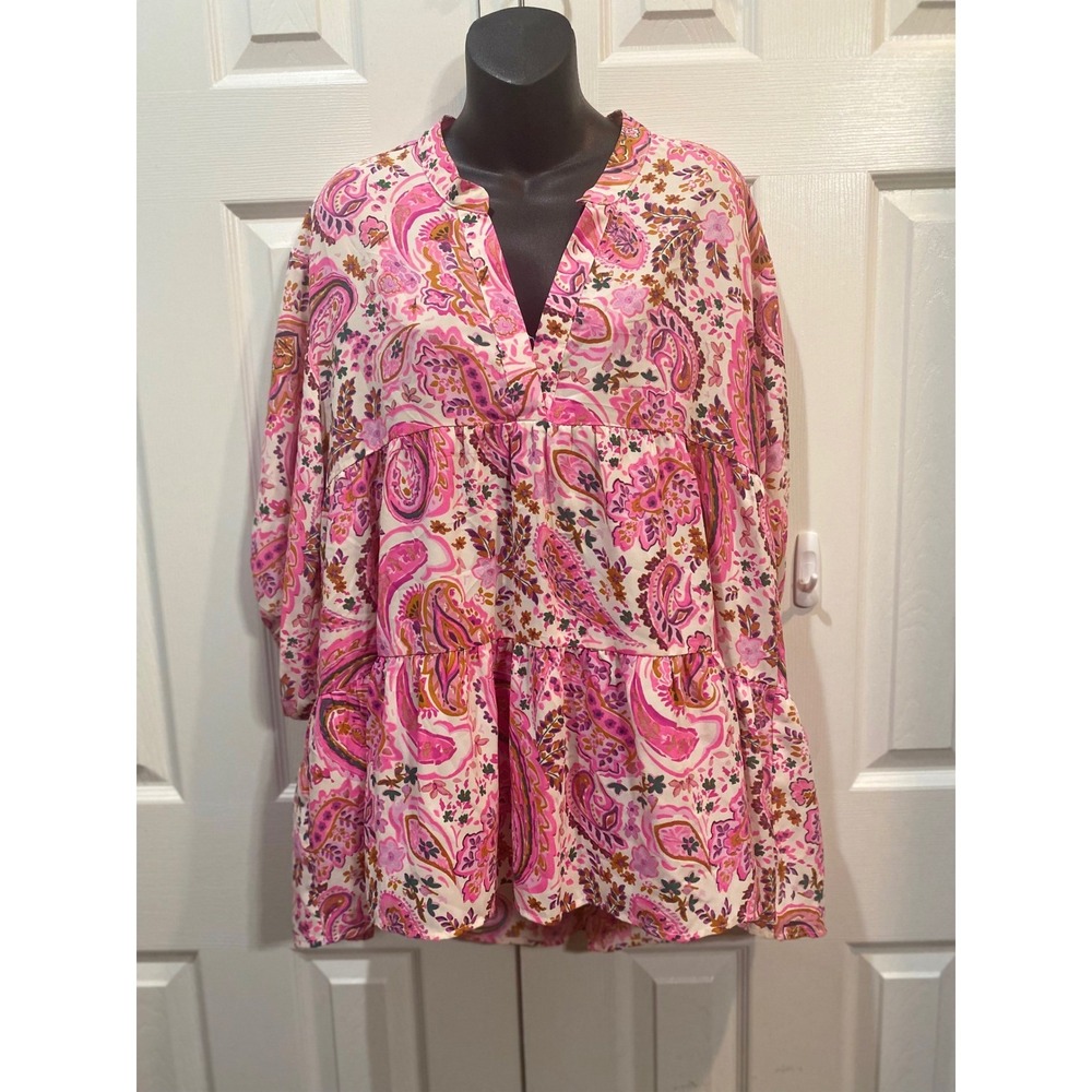 Umgee USA Pink Paisley Tiered Boho V Neck Tunic Dress - Picture 2 of 4